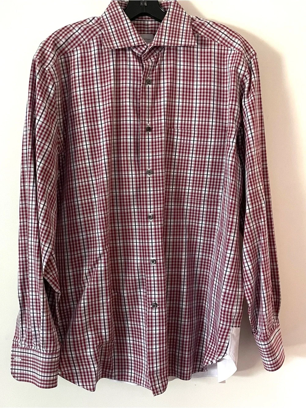 Ermenegildo Zegna Size Large Red Check Men's Button Down Dress Shirt Pocket READ